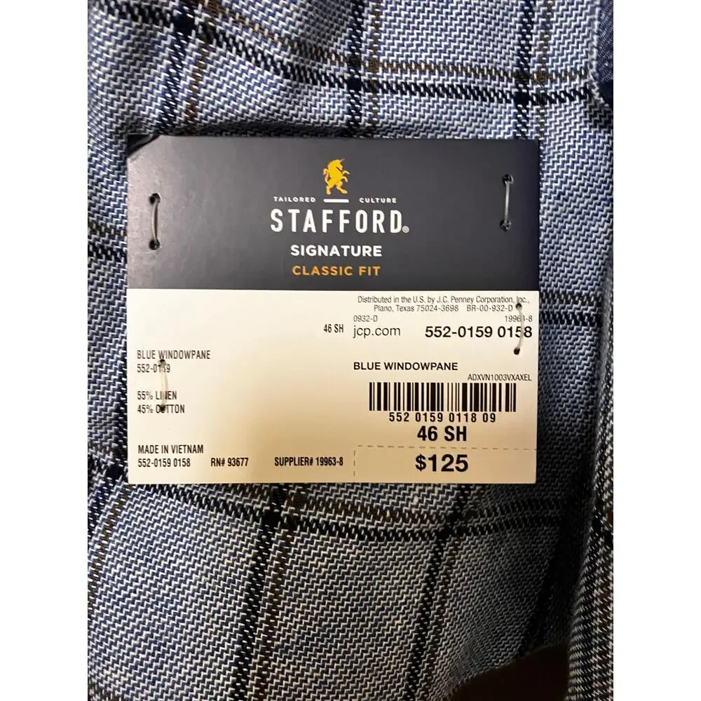 Stafford Signature Mens Sport Coat 46 Short Blue Windowpane Linen Blend NWT‎